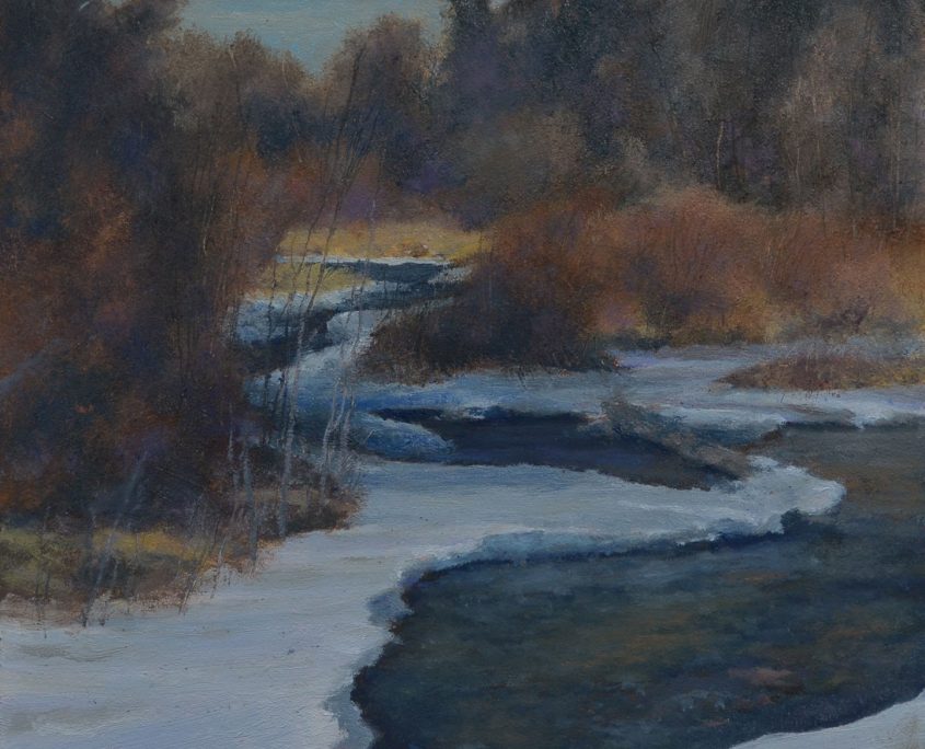 This is an oil painting depicting Rapid Creek at the end of winter when the ice is disappearing.