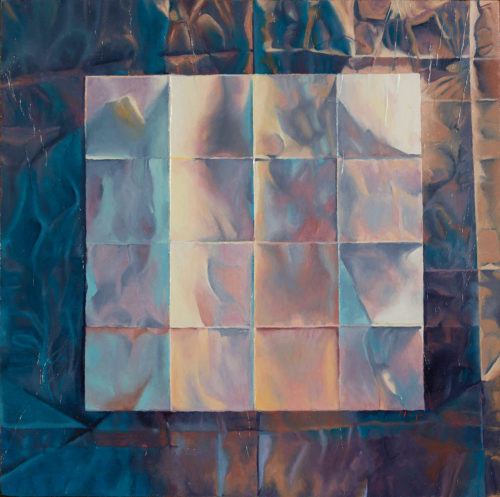 square painting with white grid in center and darker blues at edges