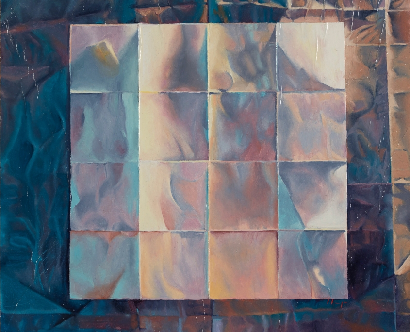 square painting with white grid in center and darker blues at edges