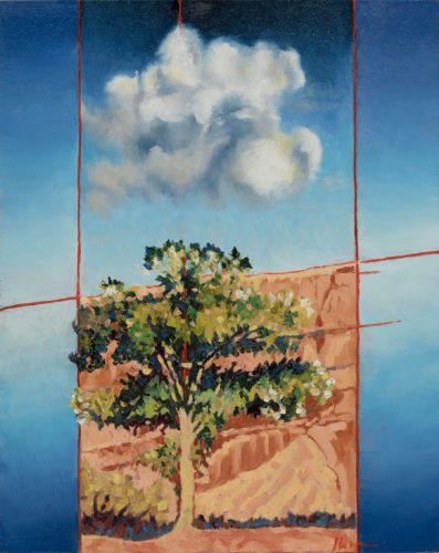 painting showing a cloud directly over a tree canopy.