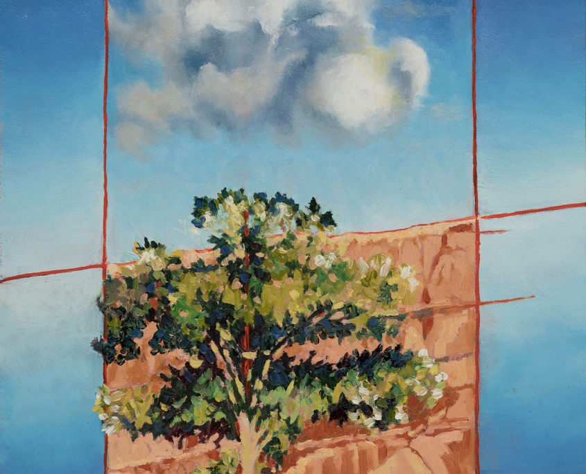 painting showing a cloud directly over a tree canopy.