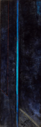 A tall slender,dark textural painting with a bright blue-green vertical streak