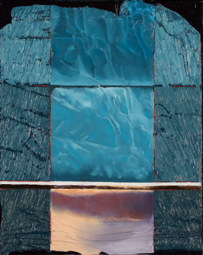 textured blue-green painting with dawn like colors in bottom center.